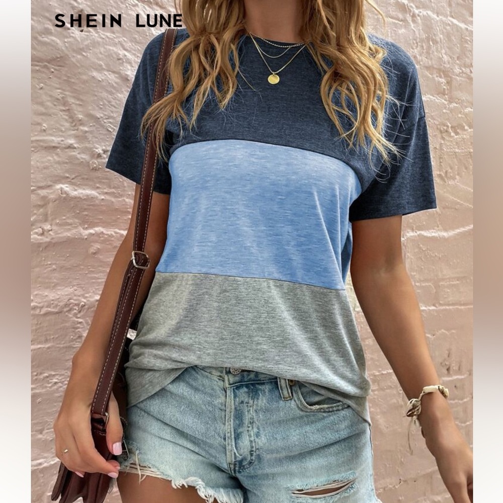 Shein LUNE Womens Color Block Tee Short Sleeve Size S, Blues And Gray